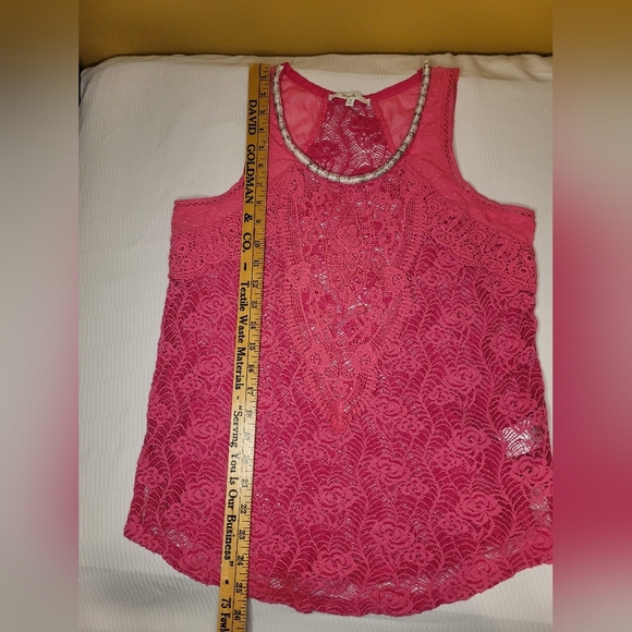 Miss me Pink Boho Western Crochet Floral Open Knit Beaded Top sz M MDT717T - Picture 7 of 8
